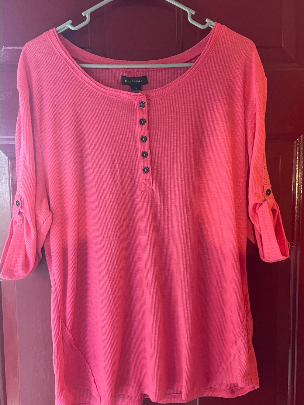 Bit & Bridle Coral Henley Waffle Knit Roll-Sleeve Top